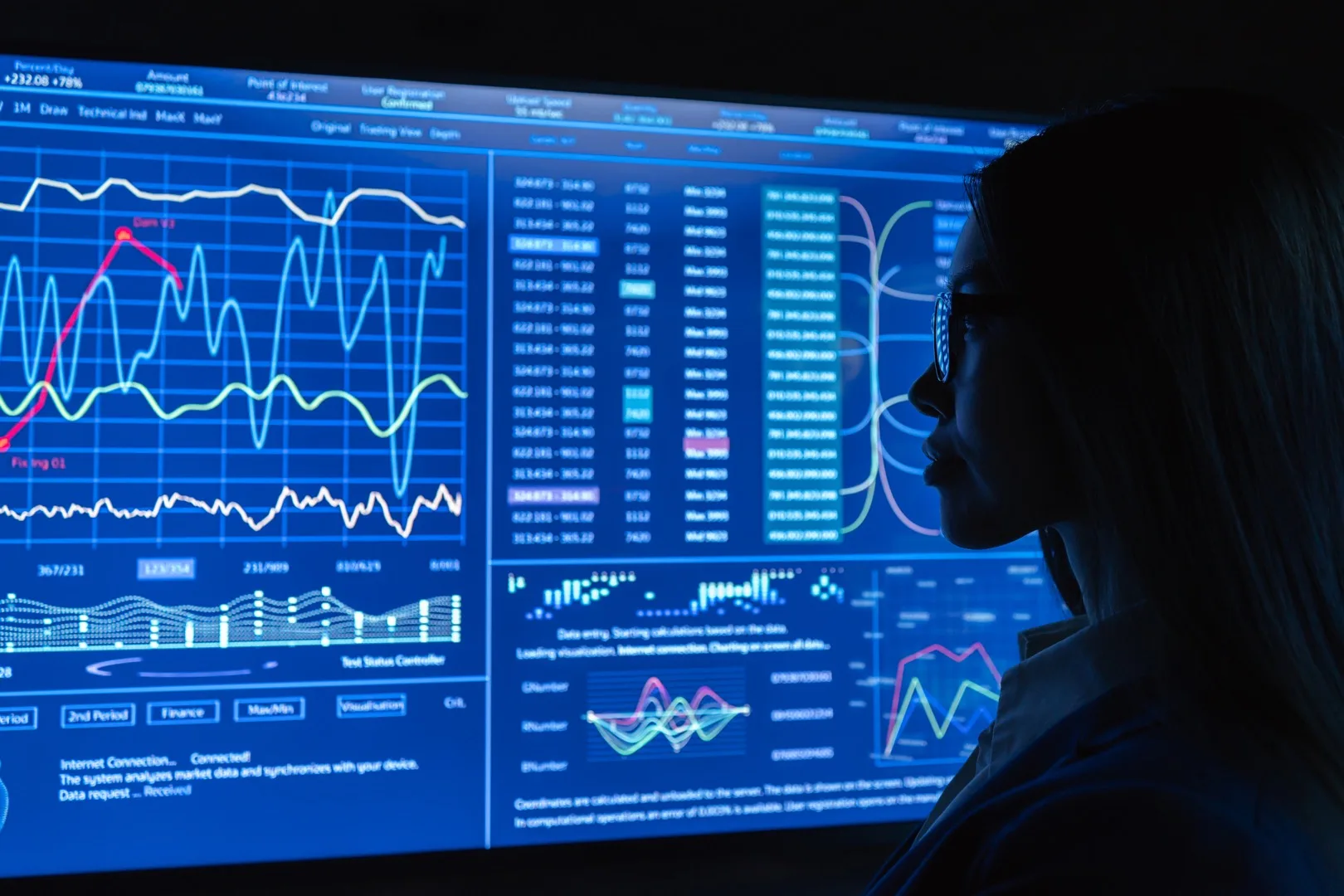 Data scientist analyzing financial data and charts on a large digital screen display